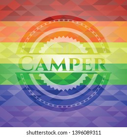 Camper emblem on mosaic background with the colors of the LGBT flag