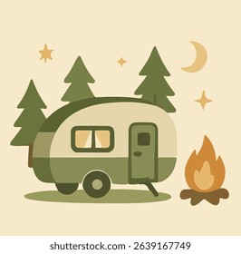Camper and Fire Scene in the Forest
