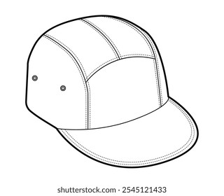 Camper Five Panel Cap Hat. Summer Head Fashion accessory clothing technical illustration. Vector headgear for Men, women, unisex style, flat template CAD mockup sketch outline isolated