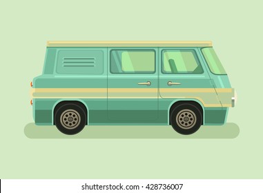 Camper green car. Vector flat cartoon illustration