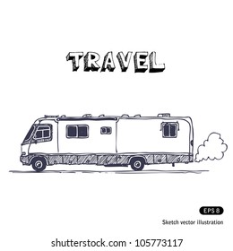 Camper. Hand drawn sketch illustration isolated on white background