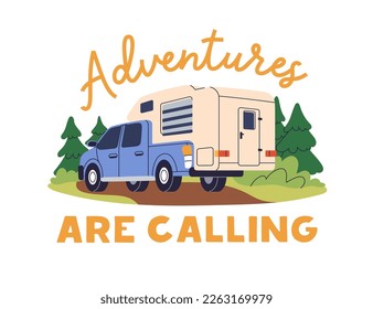 Camper, holiday car, home on wheels. Summer trailer, auto. Travel caravan, transport, mobile RV for adventures, summertime road journey. Flat vector illustration isolated on white background