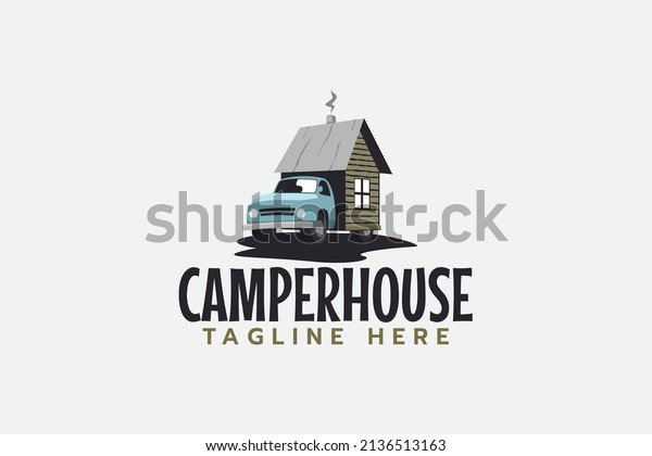 camper house logo with a truck and a tiny house in\
the back.