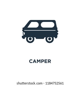 Camper icon. Black filled vector illustration. Camper symbol on white background. Can be used in web and mobile.