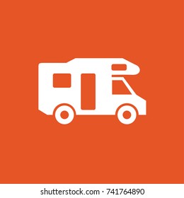 Camper icon. House on wheels logo. White car with van on an orange background.