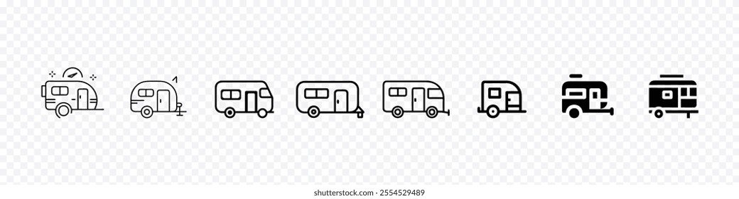 Camper icon, Recreational vehicles camper vans icons, Motorhome trailer icon. Caravan, camper. Set of camper, RV and trailer line icons