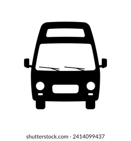 Camper-Symbol. Van, Minibus. Schwarze Silhouette. Vorderseite. Vektorgrafik, einfache flache Grafik. Einziger Gegenstand auf weißem Hintergrund. Isolieren.