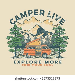 camper illustration car graphic adventure design forest badge mountains vintage camping outdoor