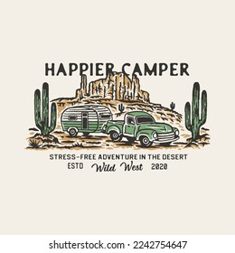 ilustración de camper coche clásico diseño del desierto cactus vintage