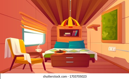 Camper interior with bed, bookshelves, chair and nightstand. Empty modern trailer car. Vector cartoon bedroom in camping van with cozy furniture. Minibus for travel and vacation inside