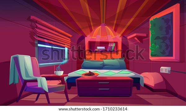 Camper interior with bed, bookshelves, chair and\
nightstand. Empty modern trailer car at night. Vector cartoon\
bedroom in camping van with cozy furniture. Minibus for travel and\
vacation inside