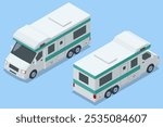 Camper isometric view of the rear and front. Kemper walking along the road in both directions.