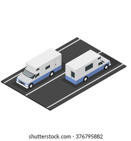 Camper isometric view of the rear and front. Kemper walking along the road in both directions.