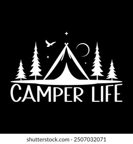 Diseño de camisa de vida Camper. Paisaje de bosque de montañas vintage retro. tipografía de camping cita el diseño del Vector de la camiseta. campamento de aventura creativo y feliz vida en cámara Camiseta