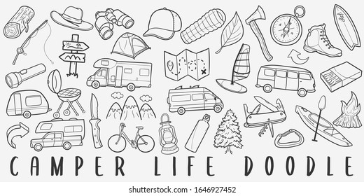 Camper Lifestyle Doodle Line Art Illustration. Hand Drawn Vector Clip Art. Banner Set Logos.