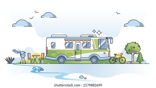 Escena de estilo de vida de camper con el concepto de recorrido de remolque van recreación. Camión de vacaciones para la sensación de libertad con el hogar en la ilustración vectorial de ruedas. Conduzca al aire libre con comodidad en el camping natural.