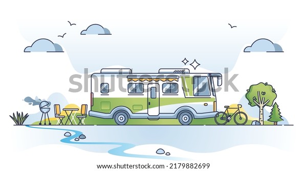 Camper lifestyle scene with trailer van\
recreation journey outline concept. Holiday truck for freedom\
feeling with home on wheels vector illustration. Drive to outdoor\
with comfort in nature\
campsite.