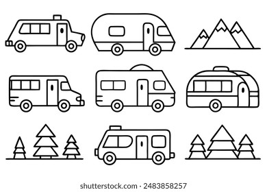 Camper line art illustration showcasing classic and modern camper styles