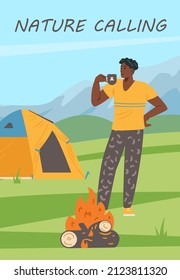 Camper man drink tea or coffee in the nature by the fire and tent, poster template - flat vector illustration. Concept of summer recreation and adventure.