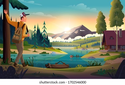 Camper Man looking at the mountain lake and hut on coast. Landscape of discovery, hiking, adventure and travel.