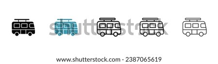 Camper minibus vector illustration set. Surfing bus symbol in black and white color.