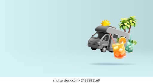 Camper, autocaravana, cócteles, palmeras, sol, 3D. Una composición moderna dinámica para viajes por carretera, unas vacaciones de verano inolvidables. Vector