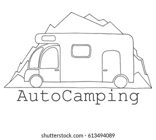 Camper on a background of mountains. Emblem, logo car camping. Hand drawn vector illustration of a sketch style.