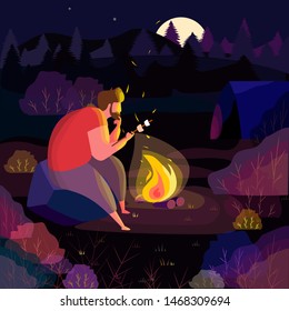 A camper organized a campfire in a forest. Bright flat style card for the trips advertising of hiking in the forest, mountains, in a nature. Motivation and inspiration illustration