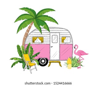 Camper, palm tree, banana leaves, pineapple, flamingo and armchair.  Vector illustration. Travel trailer on a background of exotic nature.