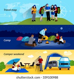 Camper people horizontal banners set with camp family picnic and travel map symbols flat isolated vector illustration 