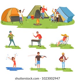 Camper people set, tourists traveling, camping and relaxing, fising vector Illustrations
