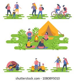 Camper people set, tourists traveling, camping and relaxing vector Illustrations