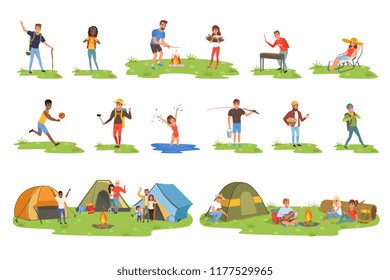 Camper people set, tourists traveling, camping and relaxing vector Illustrations