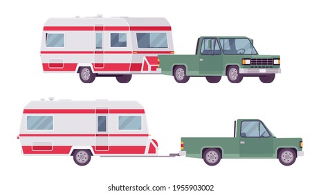 Camper pick up car with wagon for family camping trip. Vehicle, transport and sleeping accommodation, traveling motor home. Vector flat style cartoon illustration isolated on white background