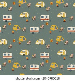 Camper RV pattern on wheels. Cartoon background with a road trailer for a house. A vehicle, camping cars-vans, a mobile home. Texture for with mobile homes for textiles. Vector illustration