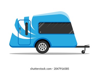 Camper RV. Road home Trailer. Recreational vehicle. Camping caravan car. Holiday trip concept. Mobile home for country and nature vacation