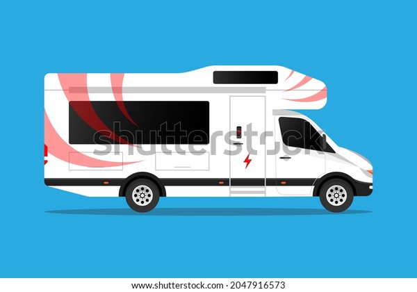 Camper RV. Road home Trailer. Recreational\
vehicle. Camping caravan car. Holiday trip concept. Mobile home for\
country and nature\
vacation