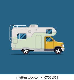 Camper RV Van Isolated. side view. Vector flat illustration. Famely camping. Tourism and vacation