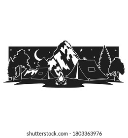 Camper Scene vector illustration. Adventure Badge design retro style. Mountain Design Hand drawn Doodle Art.