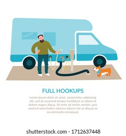 Camper service. Water intake and discharge, charging with electricity. Electricity, water, and sewer hookups for camper. Vector illustration on a white background.