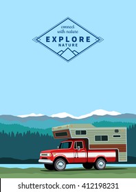 Camper shell pickup truck. Custom offroad truck with shadow at mountaing landscape background. Vector illustration