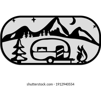 Camper silhouette. Mobile recreation. Camper, mountains, tree, bonfire, moon, stars, night. Sketch style vector illustration. Camping laser cutting design.