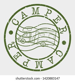 Camper Stamp. Camping Car Silhouette Seal. Round Design. Vector Icon. Design Retro Insignia.