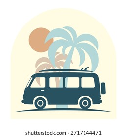Camper, surfboard, and palm trees. Colored silhouette. Front and side view. Vector simple flat graphic illustration. Isolated object on a white background.