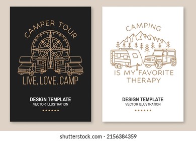 Camper tour. Live, love, camp. Camping quote. Vector. Concept for shirt or logo, print, stamp or tee. Set of Line art flyer, brochure, banner, poster with 3d camper van, wind rose, compass, off-road