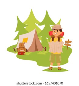 Camper tourist tent outdoor, hiking with backpack, vector illustration. Man with map exploring nature, cartoon character, outdoor adventures. Tourist in forest, travel camp with tent, campsite bus