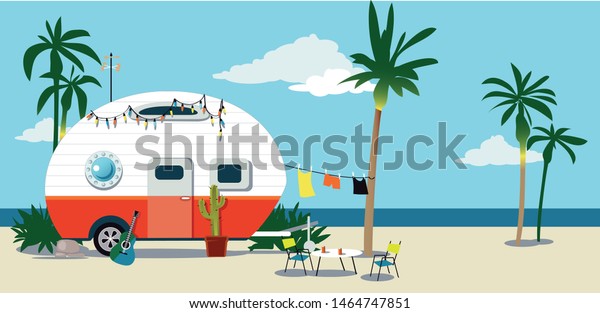 A camper trailer at the beach under palm\
trees, EPS 8 vector\
illustration	