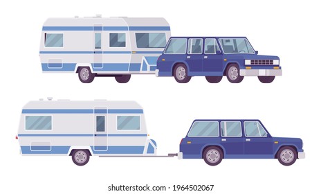 Camper Trailer Blue Car With Covered Wagon, Family Camping Trip. Vehicle, Transport And Sleeping Accommodation, Traveling Motor Home. Vector Flat Style Cartoon Illustration Isolated, White Background