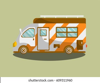 Camper trailer or camper bus vector isolated flat icon. Mobile motorhome van or car vehicle for holiday trip or travel coach