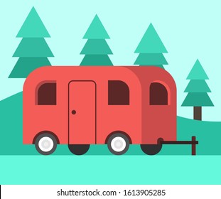 Camper trailer and camping scene. Day outdoor landscape. Vector illustration.